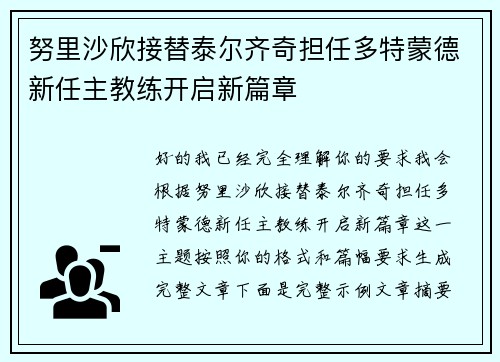 努里沙欣接替泰尔齐奇担任多特蒙德新任主教练开启新篇章