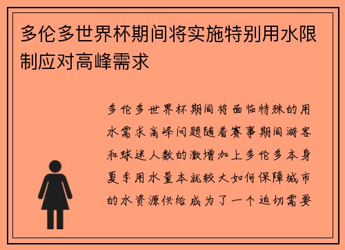 多伦多世界杯期间将实施特别用水限制应对高峰需求